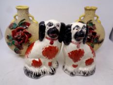 A pair of Staffordshire dogs together with a pair of continental flower encrusted vases