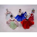 Five small Royal Doulton figures to include Christmas Morn, Diana, Elaine,