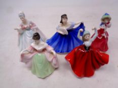 Five small Royal Doulton figures to include Christmas Morn, Diana, Elaine,