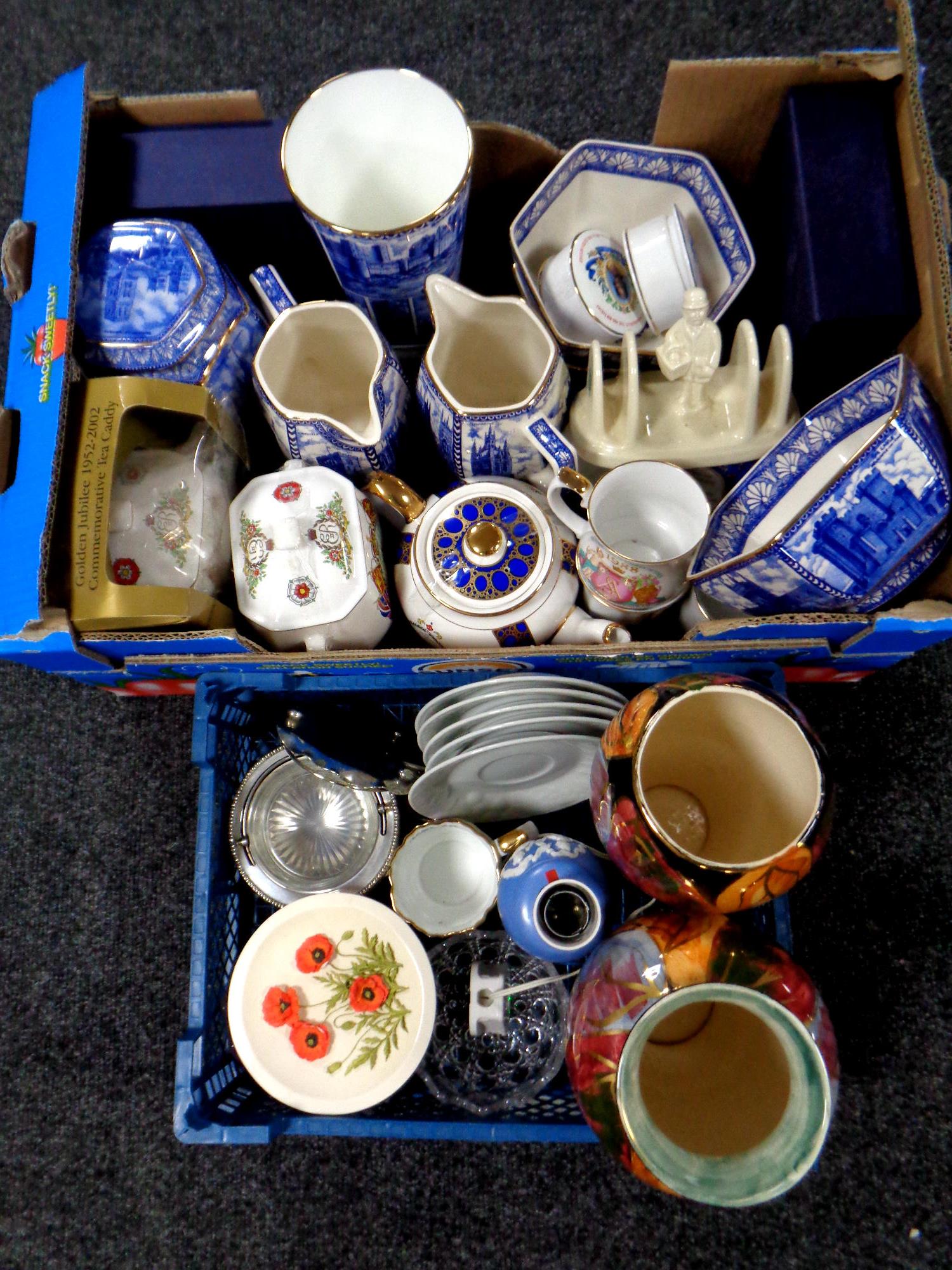 A box and crate of Ringtons china, Millennium caddy, Castle and Cathedral jugs and caddies,