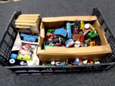 A crate of mid century and later die cast vehicles, Corgi bat mobile, matchbox jelly baby van,