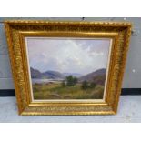 Donald Shearer (Scottish, 1925-2017), Highland landscape, oil on board, in ornate gilt frame.