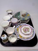 A tray of ceramics, bone china mugs and plates, commemorative items, Royal Doulton plates,