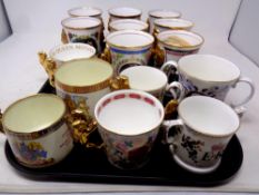 A tray of fifteen commemorative bone china cups, beakers, Royal Albert, Paragon,