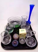 A tray of glass ware, paperweight, Stuart Crystal miniature dish, vases,