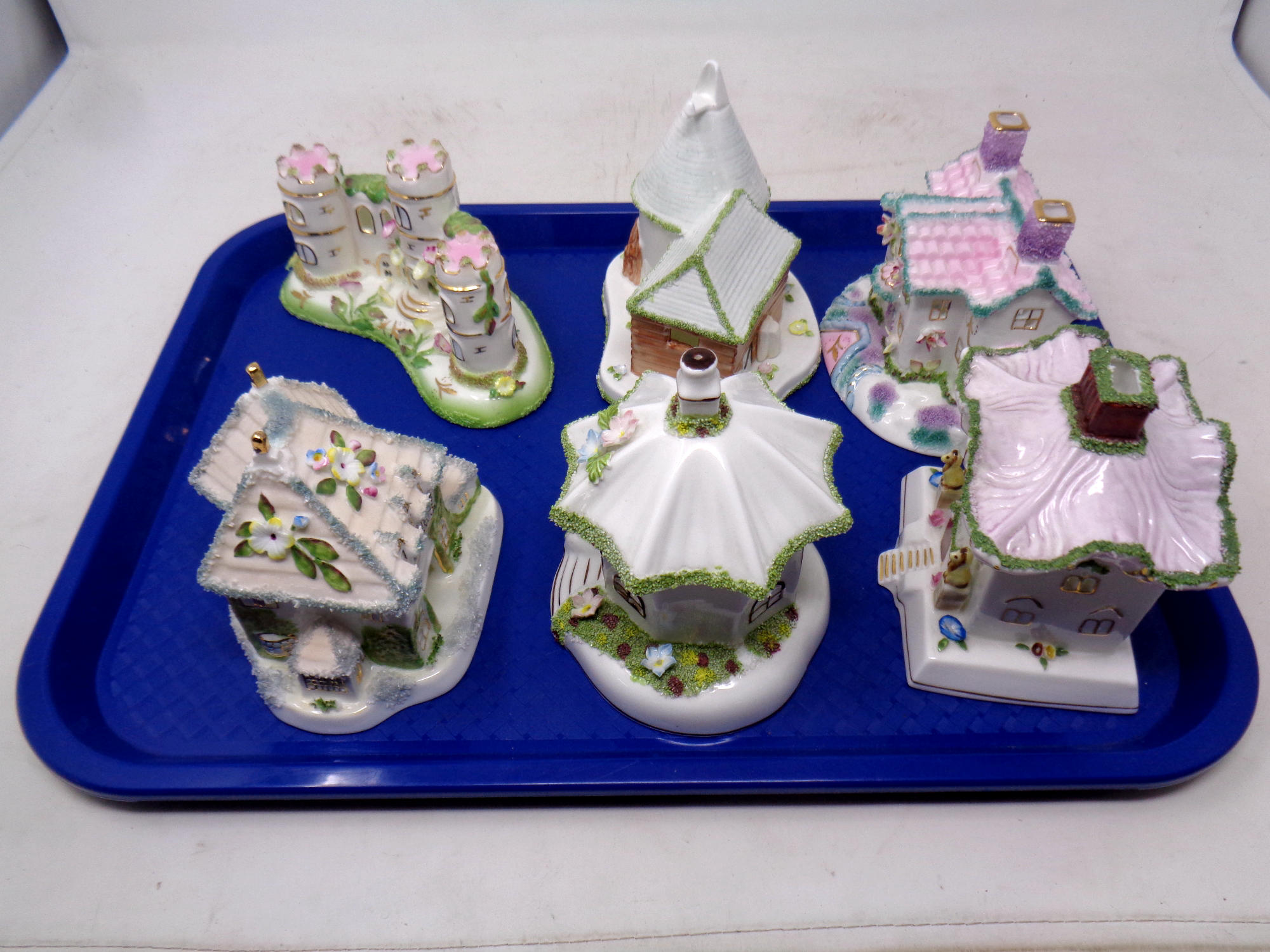 A tray of six Coalport china ornaments, Half Moon House, Watch Dog Corner,