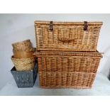 Two wicker picnic hampers together with four metal and wicker waste paper bins