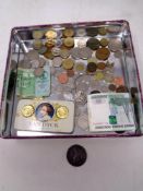 A box of assorted coins and banknotes to include foreign coinage, 1797 cartwheel penny,