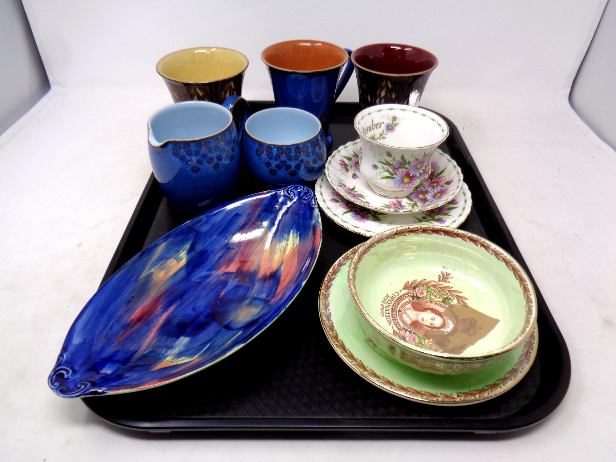 A tray of ceramics, Maling storm dish, two further commemorative items, Royal Albert china trio,
