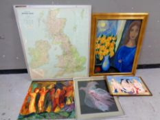A framed Bartholomew map of British Isles together with further pictures, oil on boards etc.