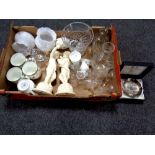 A box of glass ware, Arthur price dish, Wedgwood vases,