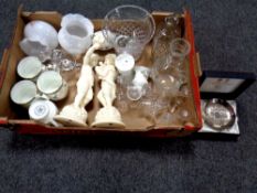 A box of glass ware, Arthur price dish, Wedgwood vases,