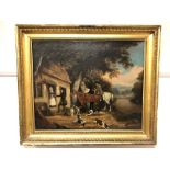 Follower of George Morland (British 1763 - 1804) : Figures with hounds by a cottage, oil on canvas,