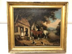 Follower of George Morland (British 1763 - 1804) : Figures with hounds by a cottage, oil on canvas,
