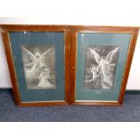 Two Edwardian monochrome prints - Loves guiding star and the Guardian angel in oak frames