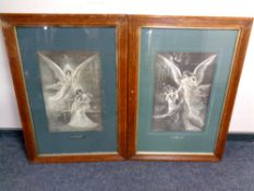Two Edwardian monochrome prints - Loves guiding star and the Guardian angel in oak frames