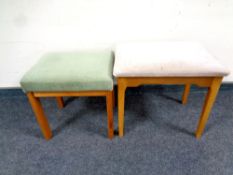 Two twentieth century teak Meredew dralon upholstered stools