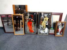 A twentieth century teak framed mirror together with six other framed mirrors, picture mirror,