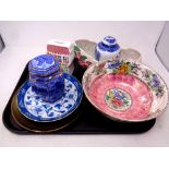 A tray of ceramics, Maling Peony rose bowl,Ringtons ginger jar,