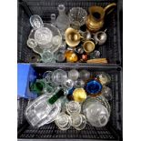 Two crates of assorted glass ware, brass jugs,