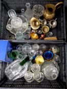 Two crates of assorted glass ware, brass jugs,