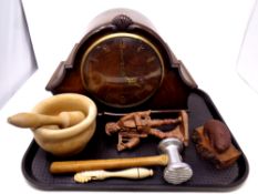 A tray of oak cased Smiths mantel clock (battery operated), wooden pestle and mortar,