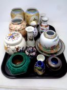 A tray of Oriental style ceramics, ginger jars, vases,