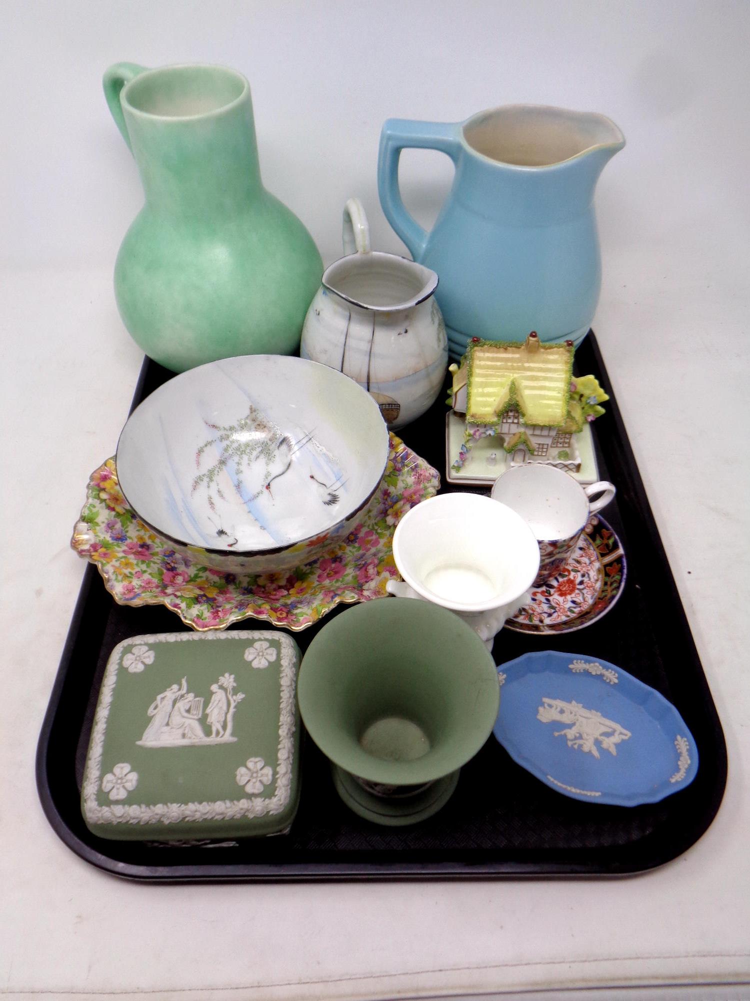 A tray of ceramics, Coalport cottage ornament, Wedgwood Jasperware, Wedgwood vase,