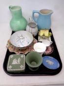 A tray of ceramics, Coalport cottage ornament, Wedgwood Jasperware, Wedgwood vase,