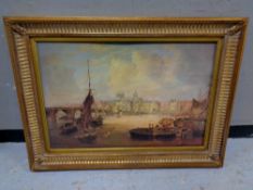 A colour print after John Wilson Carmichael 'The Mayor's Barge on the Tyne', in gilt frame.