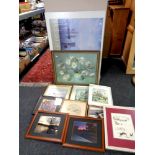 A quantity of assorted pictures and prints, Museum poster, black and white photographs,
