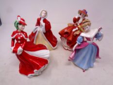 Four Royal Doulton Pretty Ladies figures; Top o' the Hill, Christmas Celebration, Amy and Rachel,