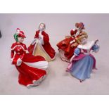 Four Royal Doulton Pretty Ladies figures; Top o' the Hill, Christmas Celebration, Amy and Rachel,