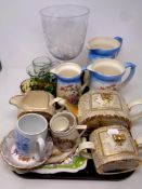 A tray of assorted ceramics and glass, three piece Sadler tea service, three Falcon ware jugs,