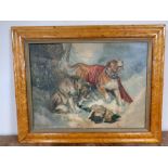 A 19th century print after Landseer 'St. Bernards in the snow' in maple frame.