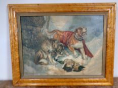 A 19th century print after Landseer 'St. Bernards in the snow' in maple frame.