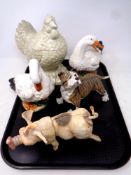 A tray of animal figures, ceramic hen storage jar, pair of ceramics ducks,