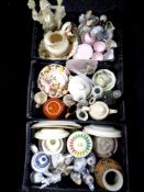 Three crates of assorted ceramics, wash jugs with basins, figures, tea ware, dinner plates,