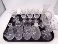 A tray of glass ware, lead crystal whisky tumblers, wine glasses, vases,