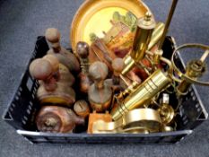 A box of leather cased decanters with stoppers, brass wall lights, brass oil lamp (electrified),