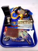 A tray of postcards, rosettes, cigarette case, Corgi Concorde model,