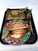 A tray containing assorted brass and copper ware, desk stand, nut cracker, shoe horn,