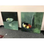 A pair of oil on canvas pictures depicting still life, 75 cm x 82 cm.