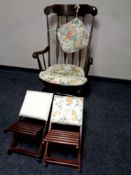 A beech wood rocking chair and two gout stools