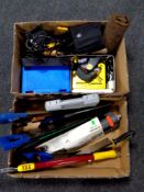 Two boxes of tools, hand saws, Stanley wood working plane,