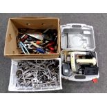 A box and crate of hand tools, ring spanners,