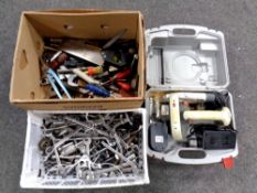 A box and crate of hand tools, ring spanners,