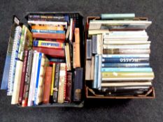 A crate and box of hardback and soft back books, Painters, Picasso, Monet,