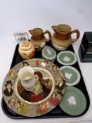 A tray of assorted ceramics, two antique pottery jugs, Wedgwood Jasperware, Royal Doulton plate,