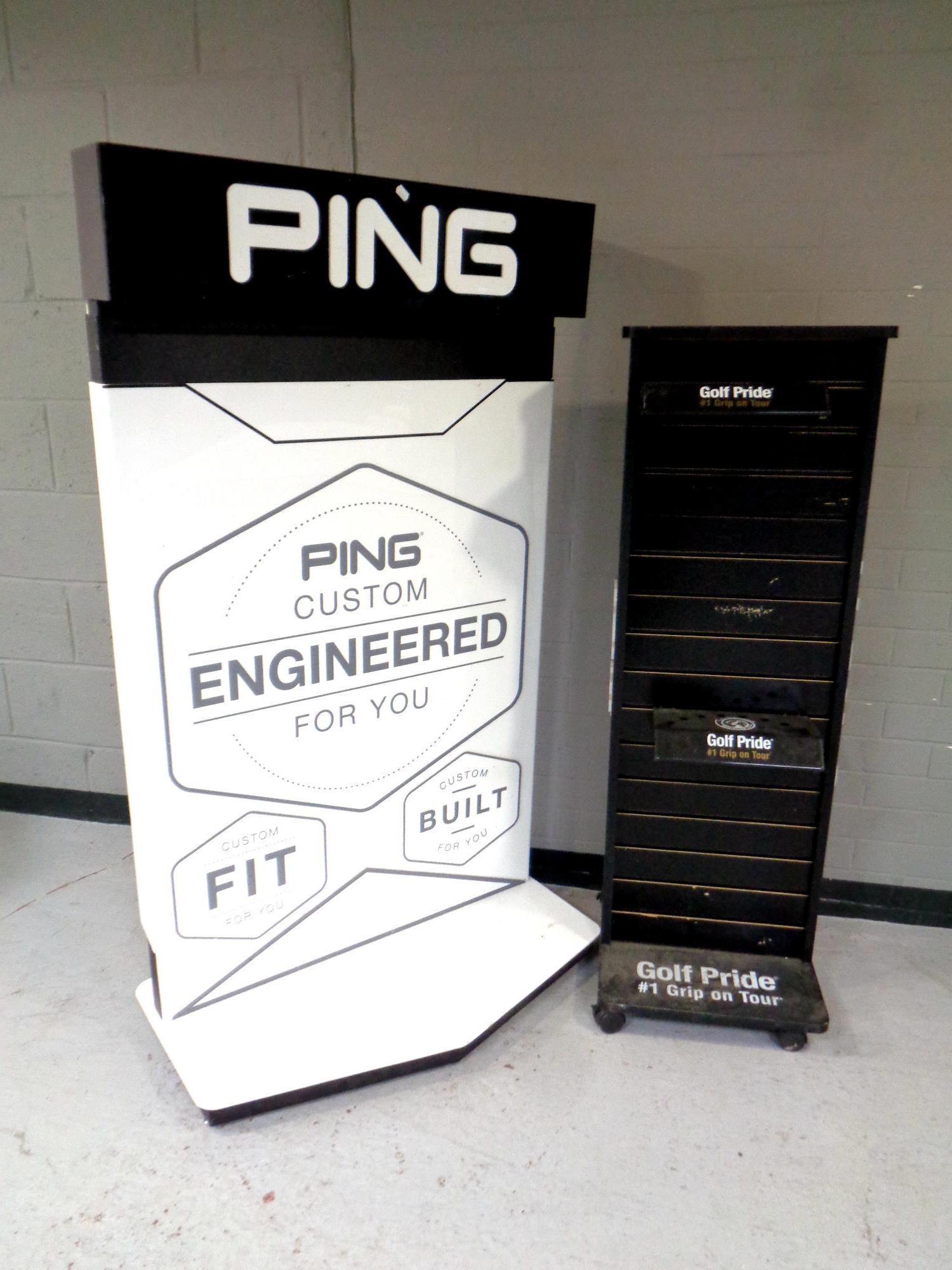 Two golf shop display stands Ping and Golf Pride